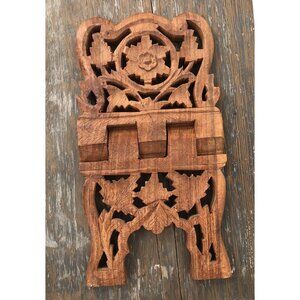 Carved Teak Wood Book Holder Stand Towels Napkins Cookbooks Vintage Floral Leaf